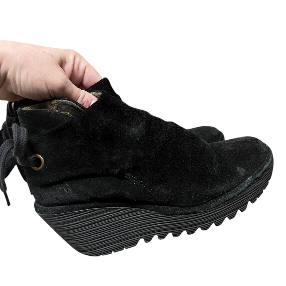 Fly London Yama black suede wedge ankle boots with tie back - Picture 3 of 10